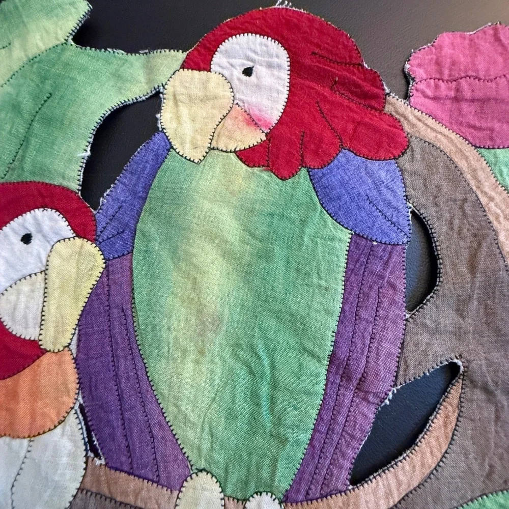 Vintage Mola Style Applique Parrot Table Runner Tropical Floral‎ Hand Stitched